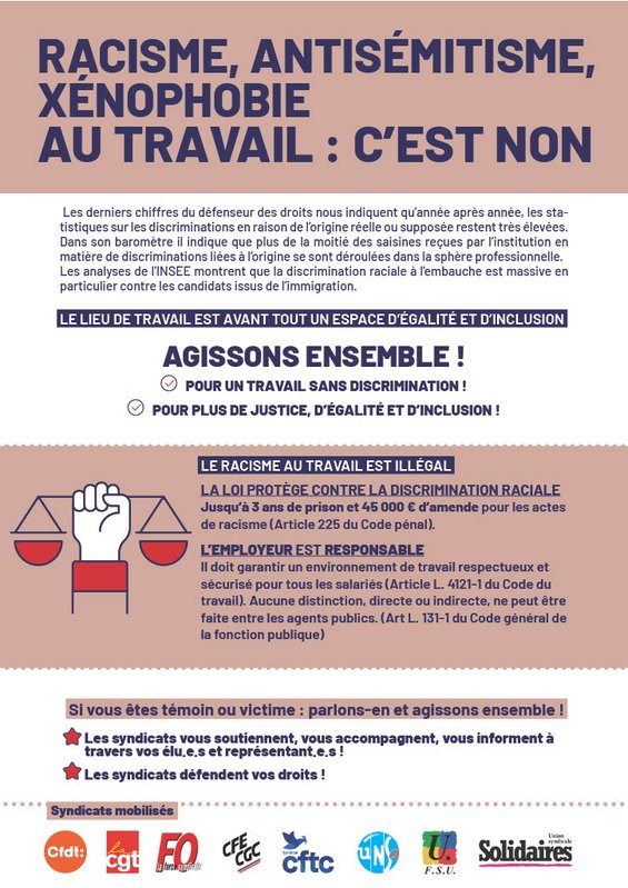 tract intersyndical : racisme, antisémitisme, xénophobie au travail, c&#x27;est NON !