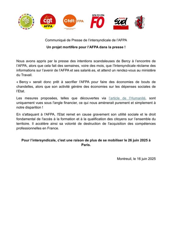 Communiqué presse intersyndicale AFPA 16 juin 2025